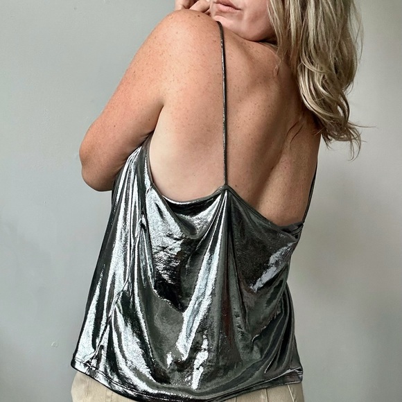 *SOLD* DISCONTINUED H&M Shiny Silver Disco Tank Top w/ Cowl Neck Sexy Dressy - Picture 3 of 4